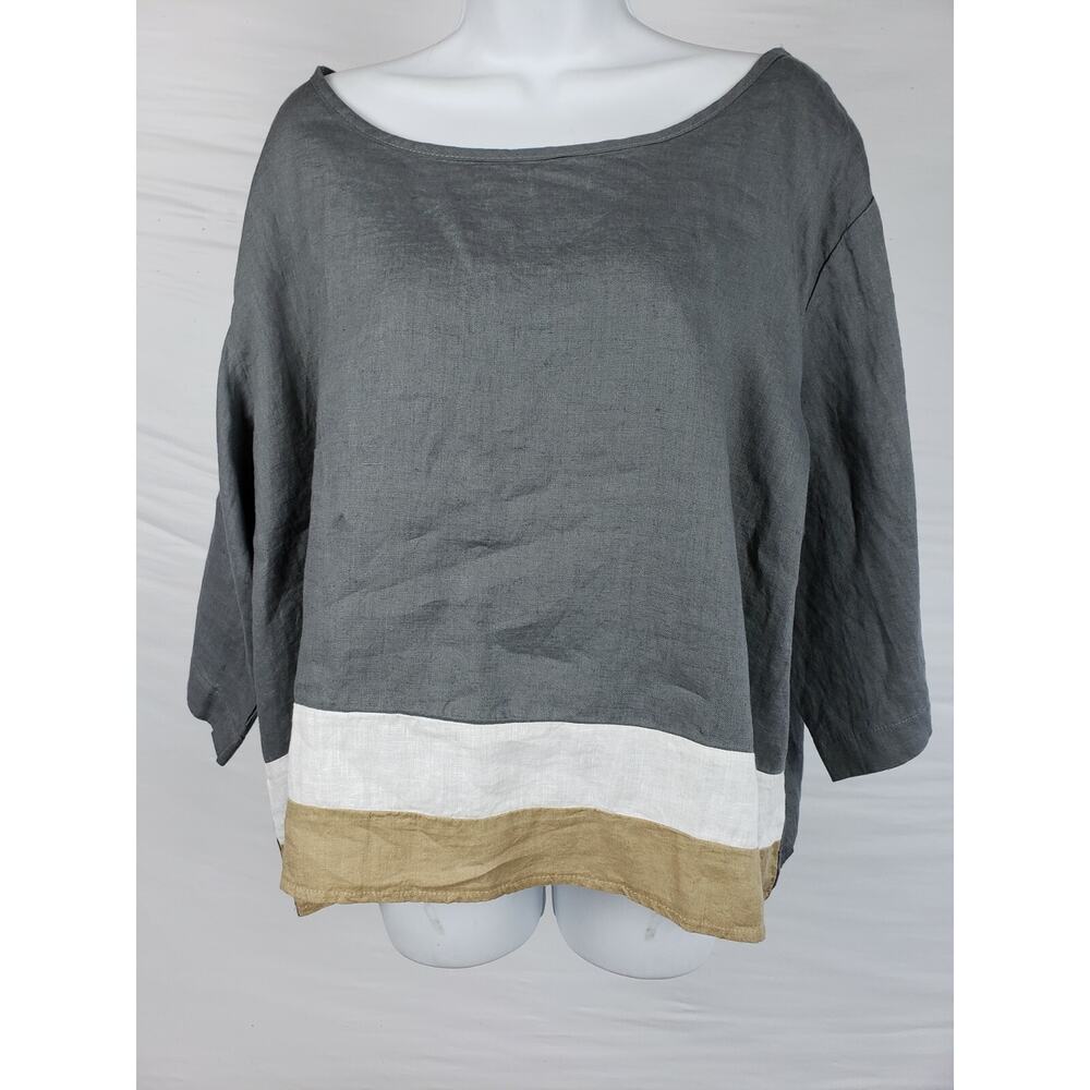 Luukaa‎ Dark Grey Lagenlook 3/4Sleeve Shirt Size 7 100% Linen Tricolor Top